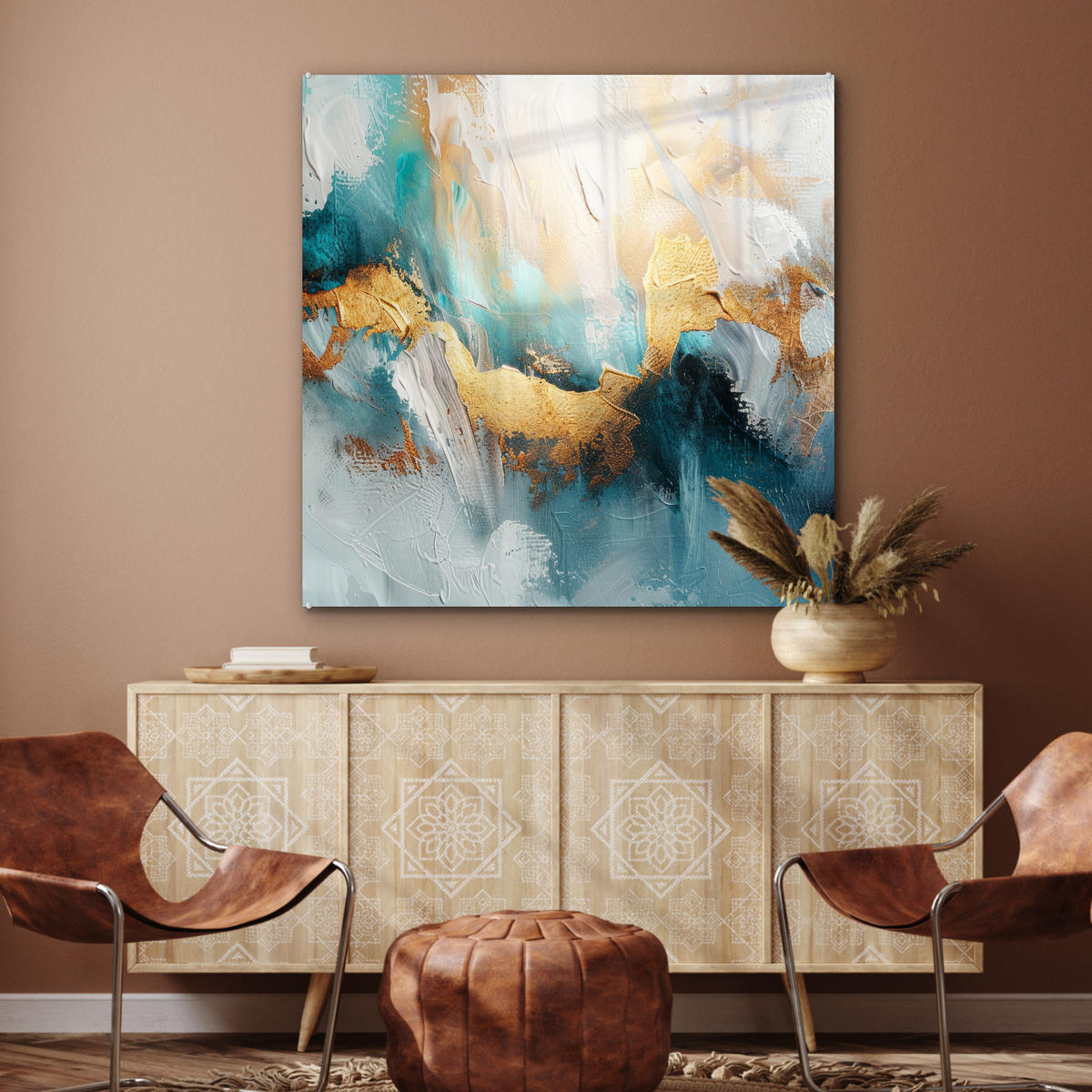 ACRYLGLASBILD Abstrakt - Kunst - Gold - Blau 90x90 cm - Petrol, Glas (90/90cm) - MuchoWow