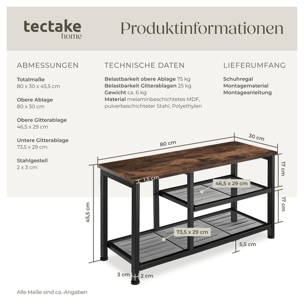 SCHUHREGAL Taunton,80 x 30 x 45,5 cm,Industrial Holz dunkel, rustikal - Rostfarben, Holz (30/45.5/80cm) - tectake