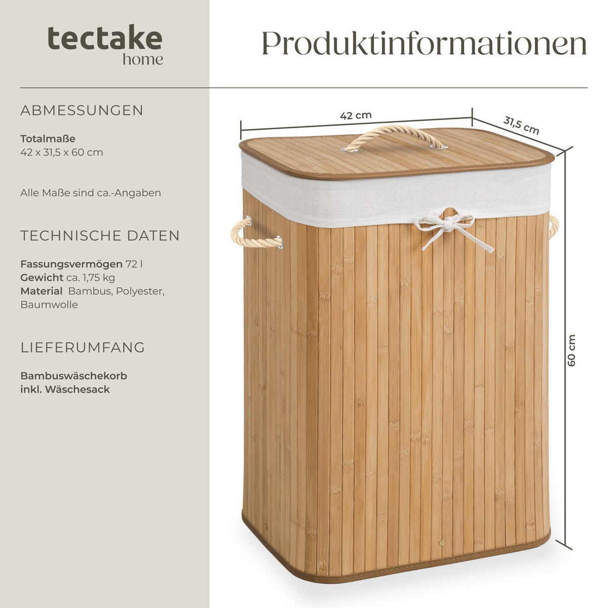 WÄSCHEKORB, 42 x 31,5 x 60 cm, beige - Beige, Textil (31.5/60/42cm) - tectake