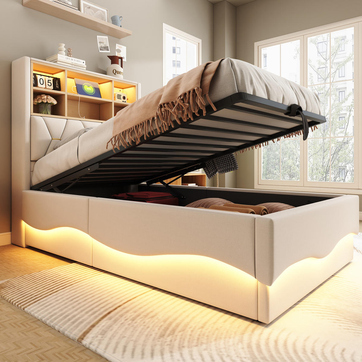 KINDERBETT 90/200 cm Beige mit hydraulischem Stauraum und LED-Beleuchtung - Beige, Metall (90/200cm) - OKWISH