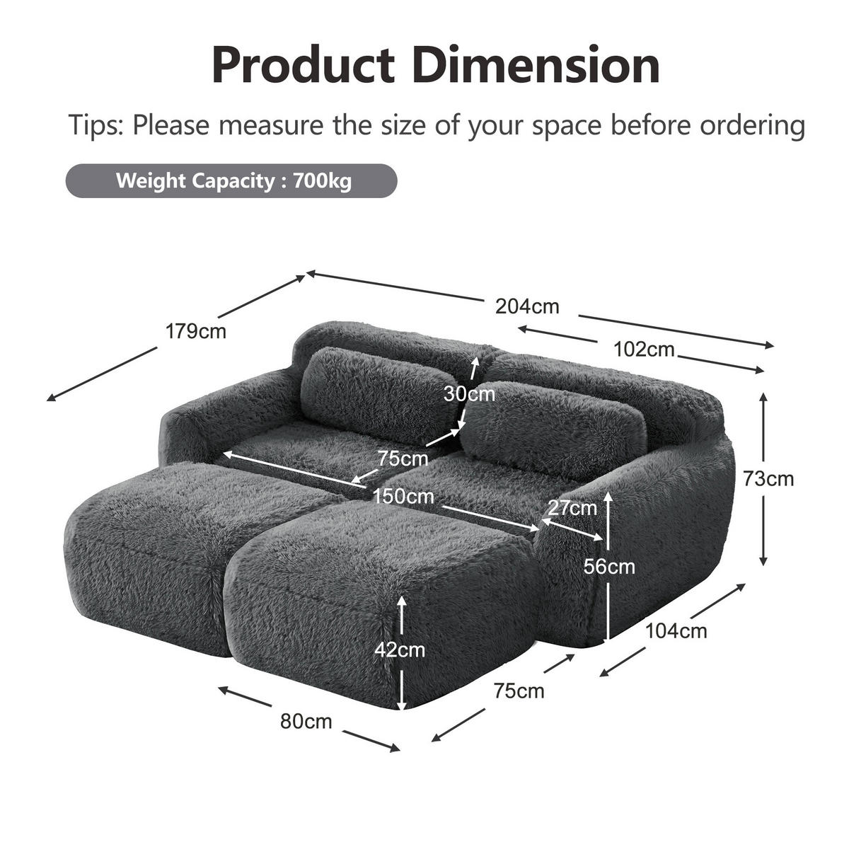SOFA modular mit 2 Ottomans Plüsch Grau - Grau, Kunststoff (179/73/204.1cm) - Meubliv