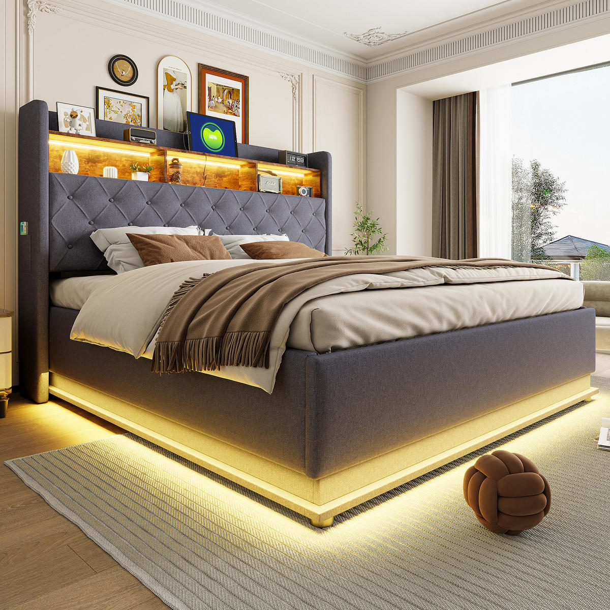 POLSTERBETT aus Stoff 180x200 cm Grau mit LED-Beleuchtung, USB-Anschluss und hydraulischem Stauraum - Grau, Textil (180/200cm) - IVMEU