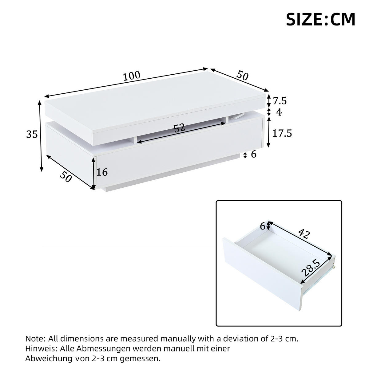 COUCHTISCH 100/50/35 cm weiß aus Spanplatte mit 2 Schubladen und LED-Beleuchtung - Weiß, Holzwerkstoff (100/50/35cm) - OKMYHOME