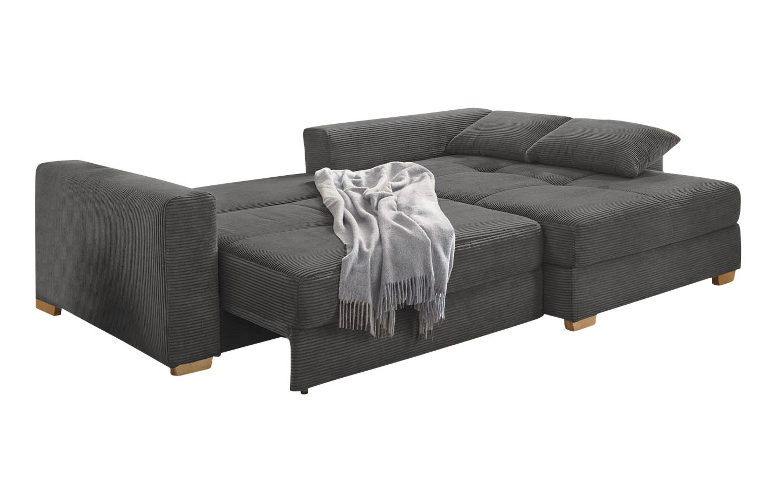 ECKSOFA-DAUERSCHLÄFER Federkern Bettkasten, seitenverkehrt montierbar B288/T186/H86 cm, Liegefl. 153x245 cm, Cord Grau Anthrazit / 15153 - Schieferfarben/Eichefarben, Holz/Textil (288/186cm) - luma-home