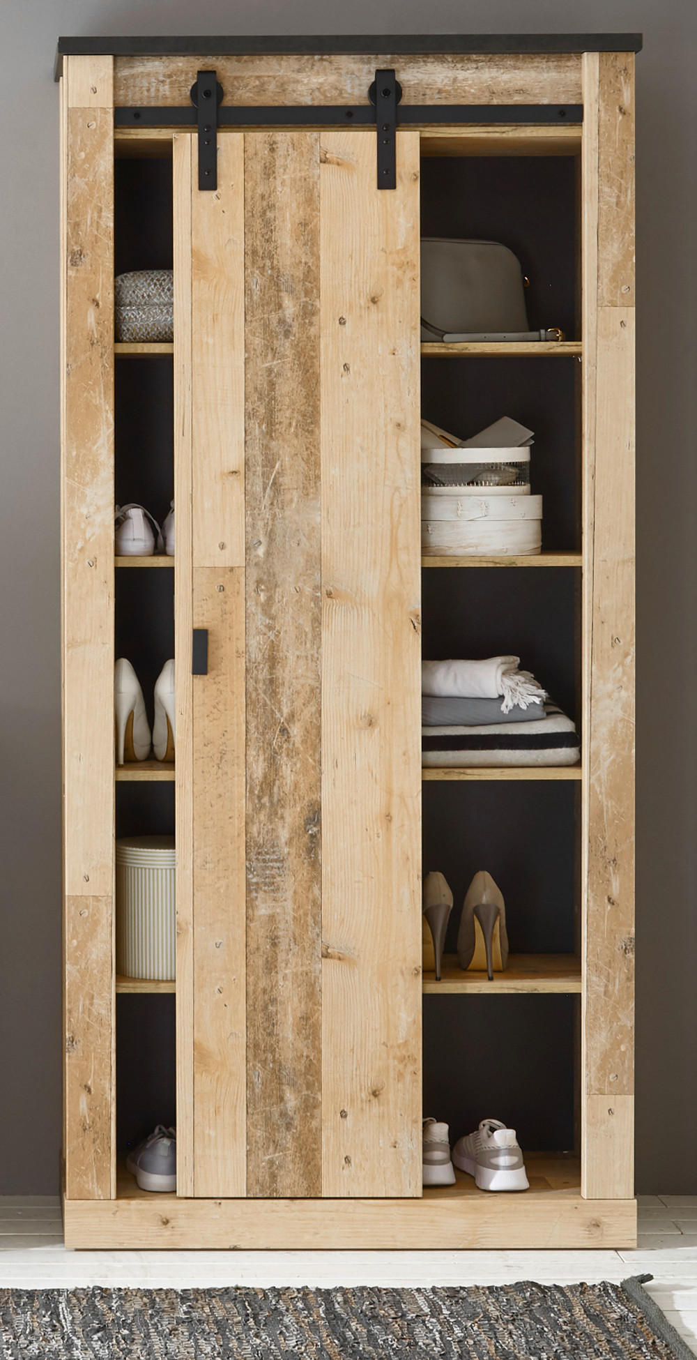 SCHUHSCHRANK Flurschrank Used Wood Vintage 93 x 201 cm - Anthrazit/Schwarz, Holzwerkstoff/Metall (93/201/38cm) - Furn.Design