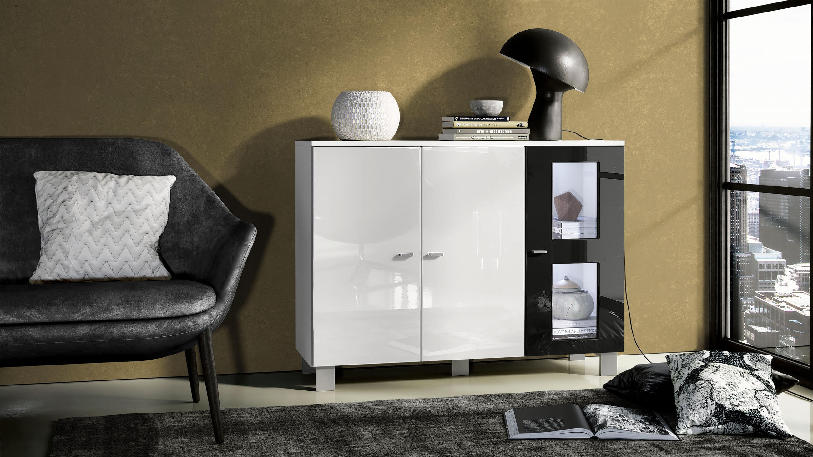 SIDEBOARD Denjo Tür in Schwarz Hochglanz - Schwarz Hochglanz, Holzwerkstoff (107/81/35cm) - Vladon