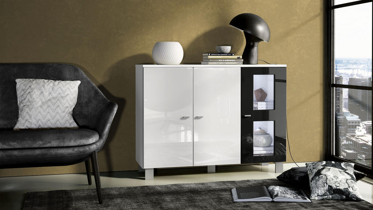 SIDEBOARD Denjo Tür in Schwarz Hochglanz - Schwarz Hochglanz, Holzwerkstoff (107/81/35cm) - Vladon