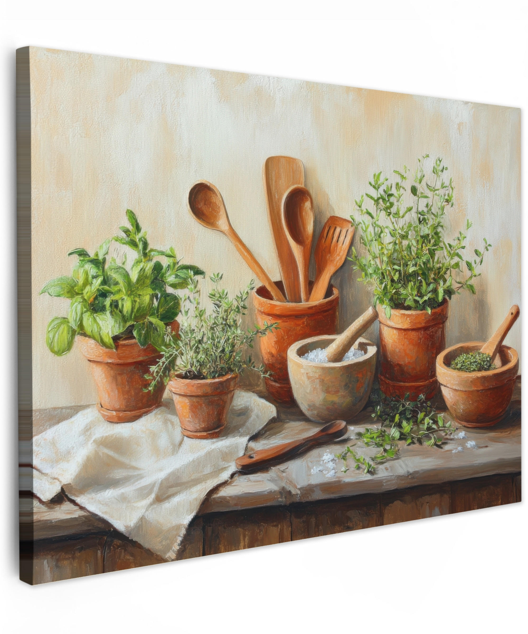 MuchoWow OBRAZ NA PLÁTNĚ Hrnce - Bylinky - Dřevo 80x60 cm