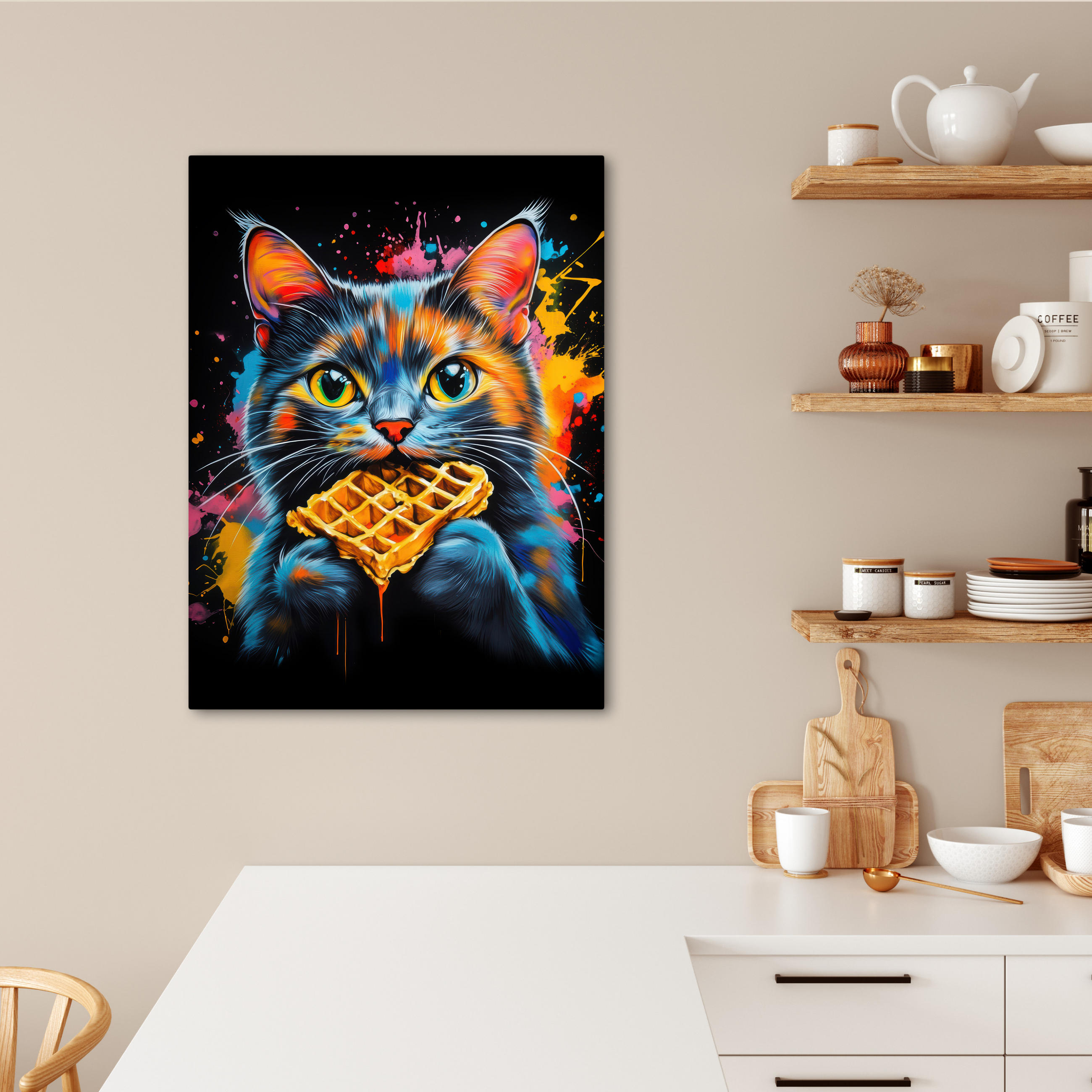 LEINWANDBILD Katze - Graffiti - Bunt - Waffel - Essen 60x80 cm - Türkis, Textil (60/80cm) - MuchoWow