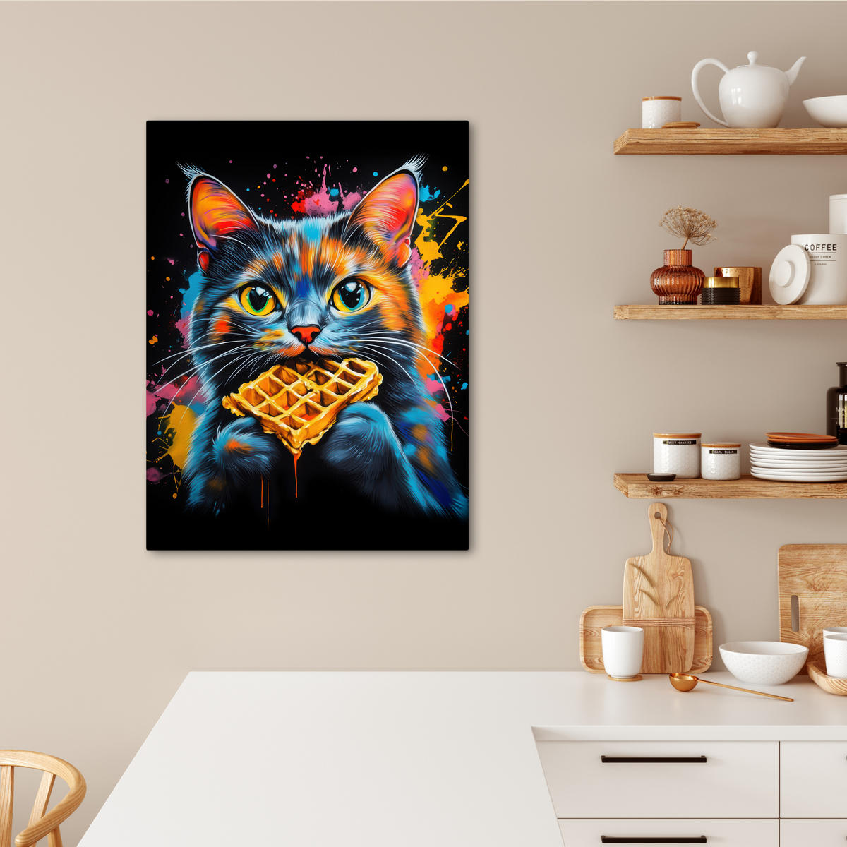 LEINWANDBILD Katze - Graffiti - Bunt - Waffel - Essen 60x80 cm - Türkis, Textil (60/80cm) - MuchoWow
