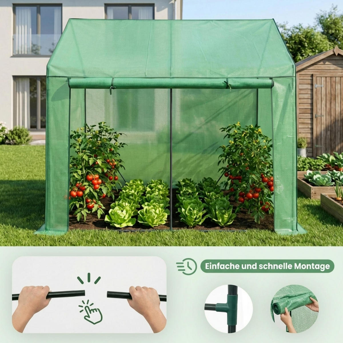 GEWÄCHSHAUS in Hausform, Grün, 200x140x200 cm - Grün, Metall (200/200/140cm) - Akord