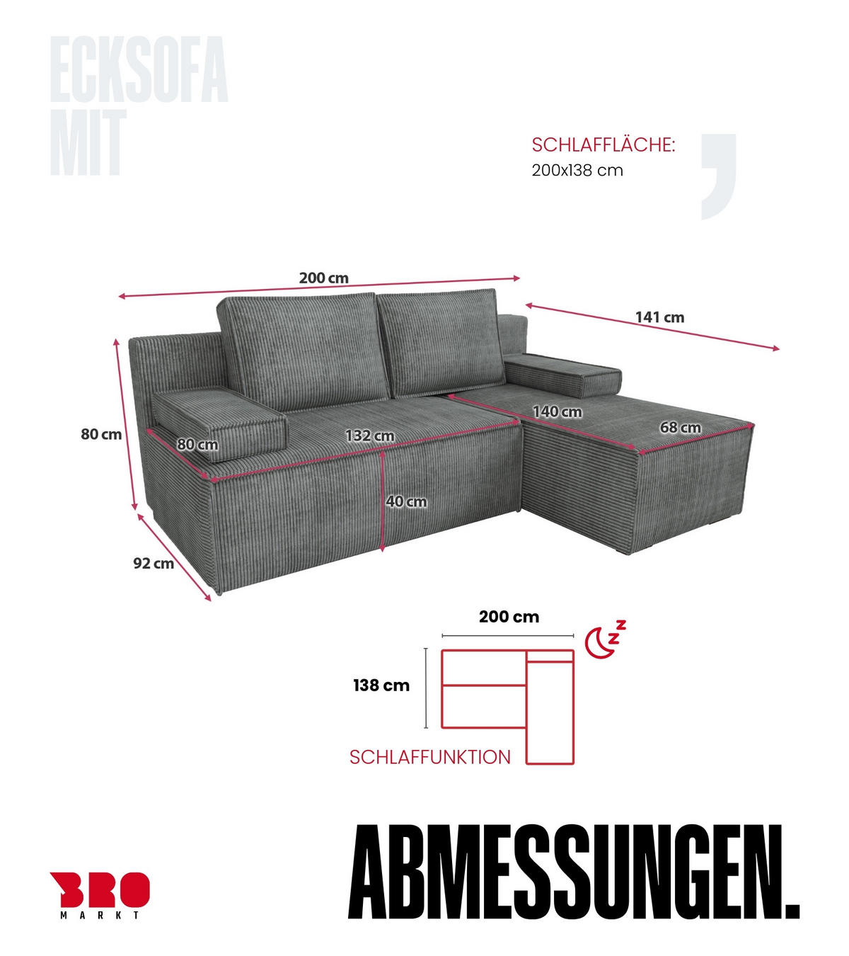 ECKSOFA Caspar mit Schlaffunktion Grau Cord - Grau, Textil (200/141cm) - Bromarkt