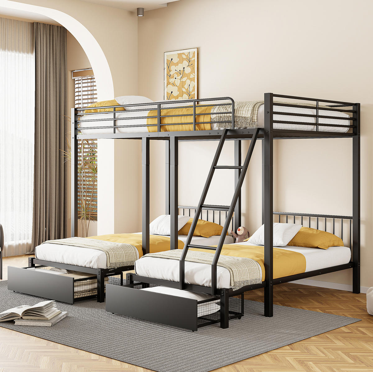 ETAGENBETT aus Metall 140x200/90x200 cm Schwarz mit 2 Schubladen, teilbar in 3 Betten - Schwarz, Metall (140/200cm) - Modfu