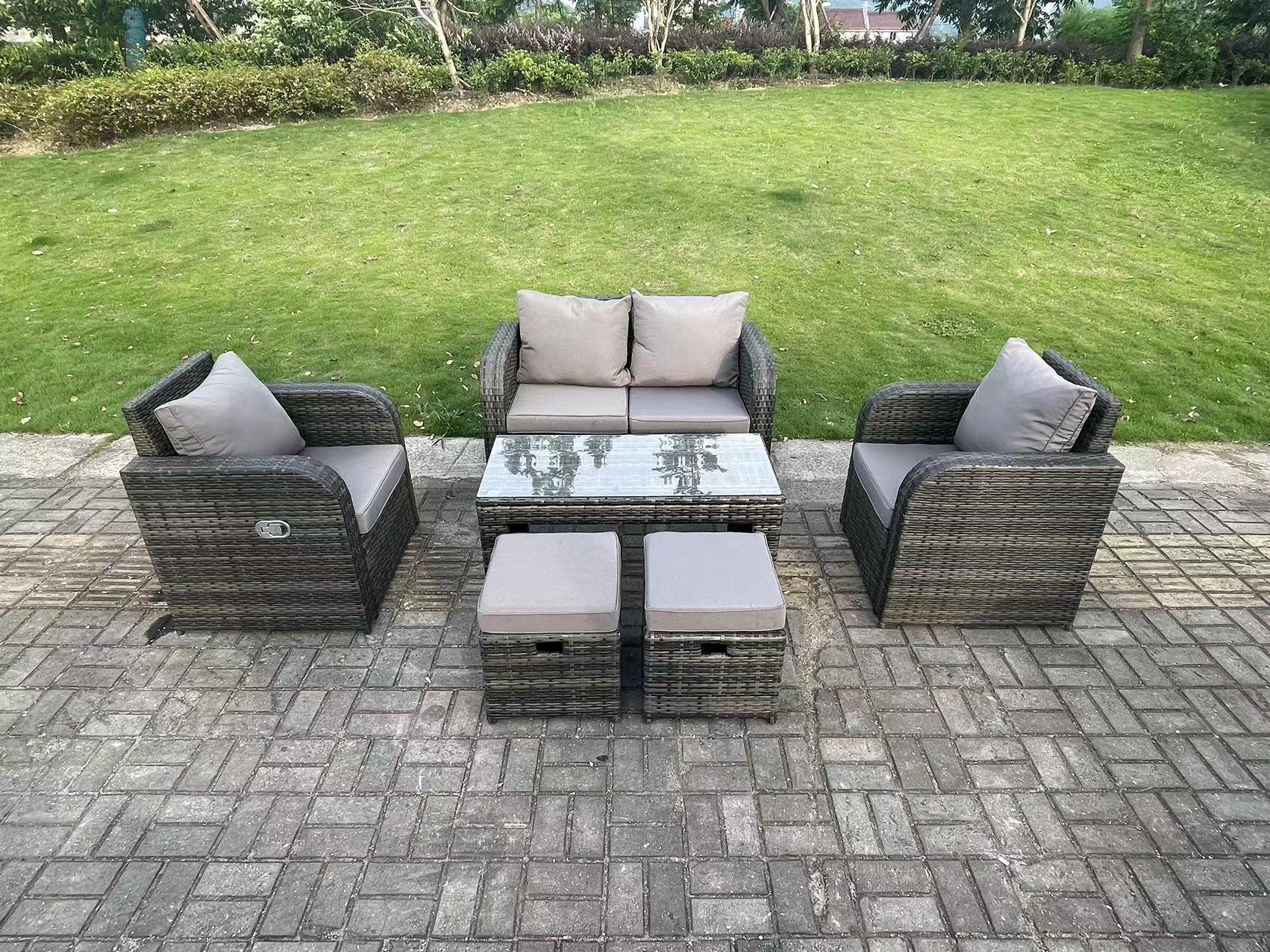 GARTENSOFA SET Polyrattan 6-Sitzer - Dunkelgrau/Grau, Glas/Kunststoff - Fimous