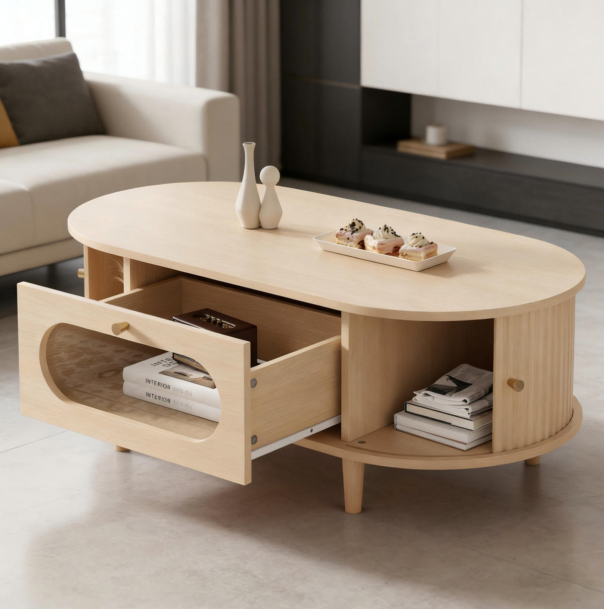 KONFERENČNÍ stolek 100/50/36 cm, dekor dub, MDF, se zásuvkou a roletkami - barva dubu, kompozitní dřevo (100/50/36cm) - BEAOK
