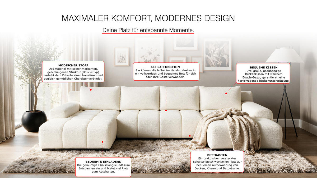 WOHNLANDSCHAFT OVIA U mit Bettkasten und Schlaffunktion, Bouclé-Stoff in U-Form - Beige, Textil (350/80/185cm)