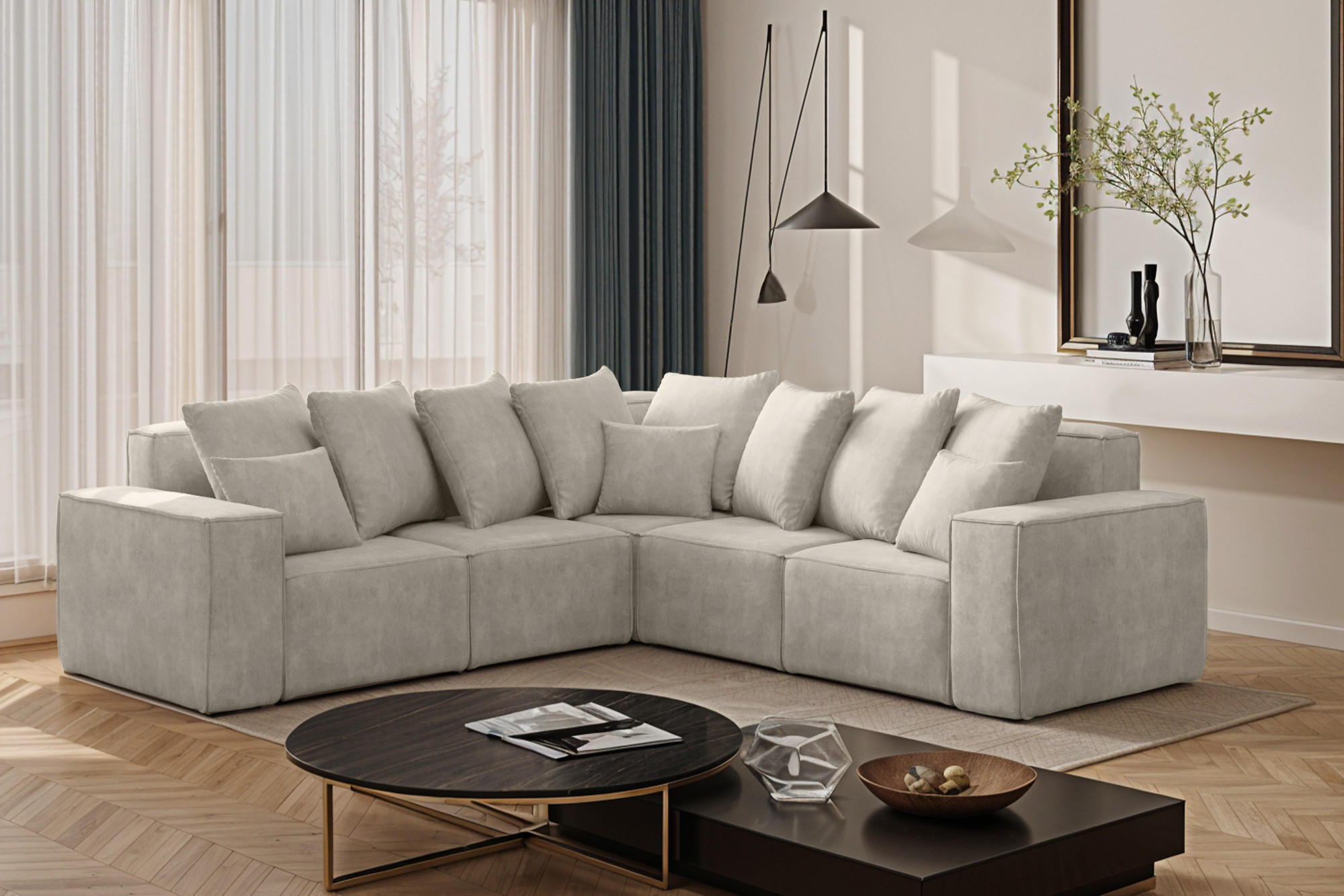 ECKSOFA Corner Ella Stoff Noel Velours Hellgrau - Hellgrau, Holz/Textil (246/246cm) - Kaiser Möbel