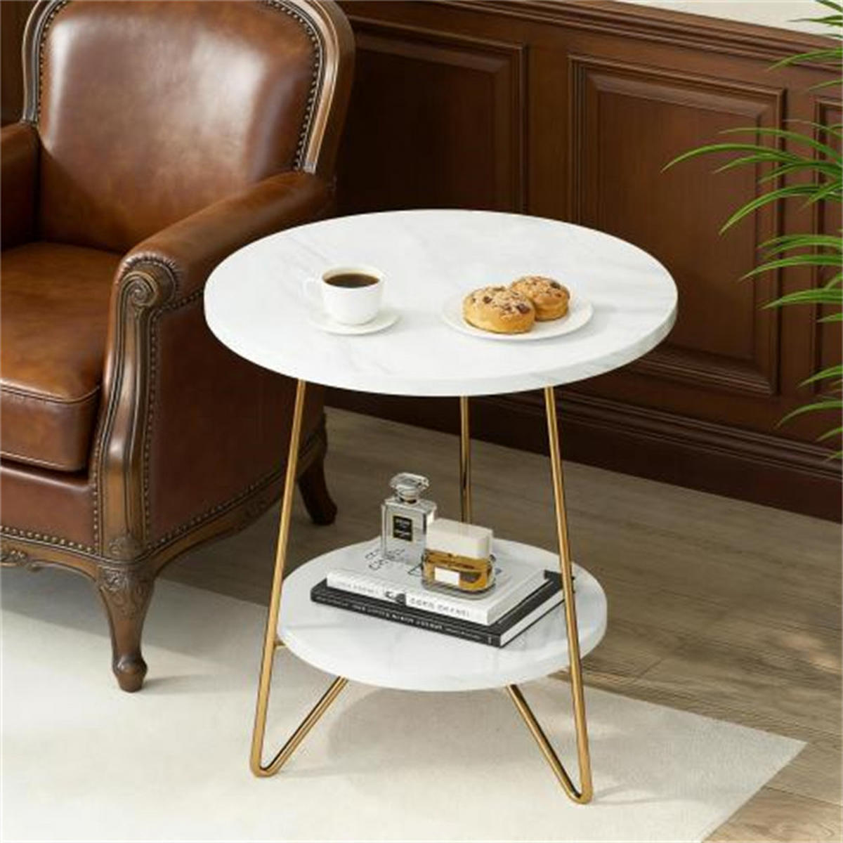 COUCHTISCH rund mit 2 Ebenen, Marmoroptik Weiß-Gold, Maße 48x48x55 cm - Weiß, Holzwerkstoff (48/48/55cm) - Blomus