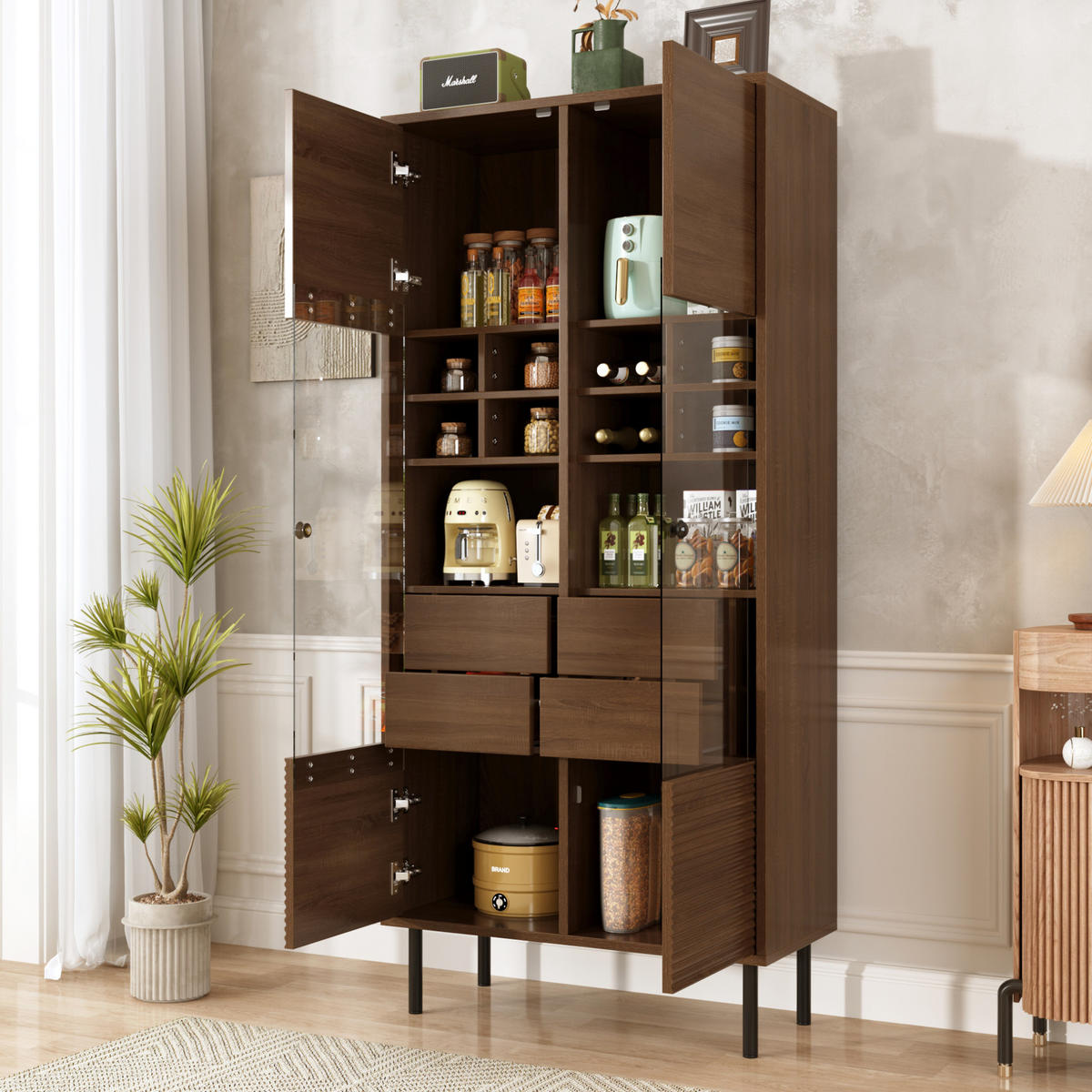 VITRINENSCHRANK aus MDF mit Glasfront und 4 Schubladen Nussbaumfarben - Walnussfarben, Holzwerkstoff (75.5/164.5/35cm) - Modenvie
