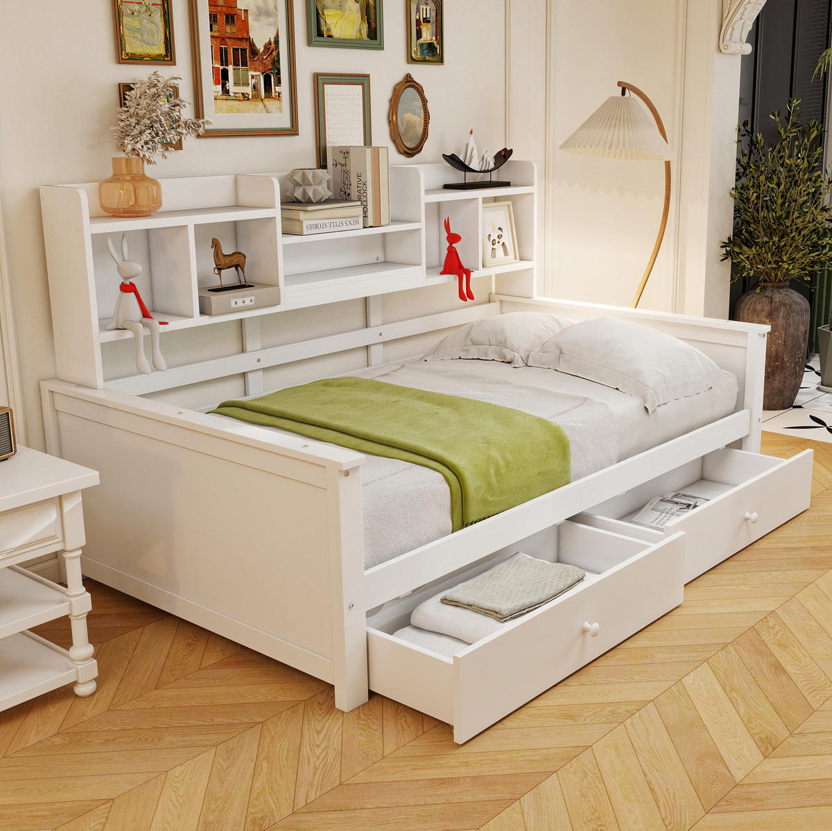 BETT-SOFA mit Schubladen und Ablagefächern 90x200 cm Weiß - Weiß, Holzwerkstoff (90/200cm) - Beauniv