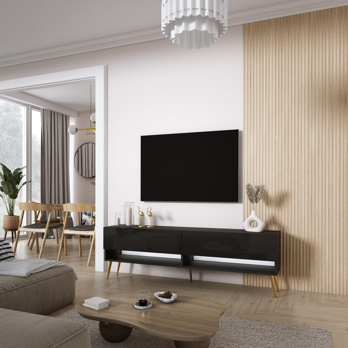 TV-LOWBOARD 170 cm Mattschwarz / Hochglanzschwarz, goldene schräge Beine, weiße LED, 170 × 32 × 52 cm - Schwarz, Holzwerkstoff (170/52/32cm) - 3XE LIVING