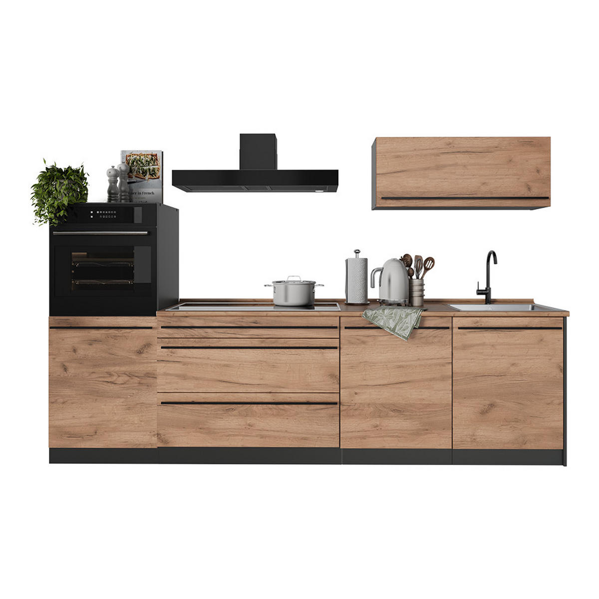 KÜCHENZEILE R-Line, Goldkraft Eiche/Anthrazit, 280 cm Arbeitsplatte Goldkraft Eiche - Honigeiche/Anthrazit, Holzwerkstoff (280/143/60cm) - Vicco