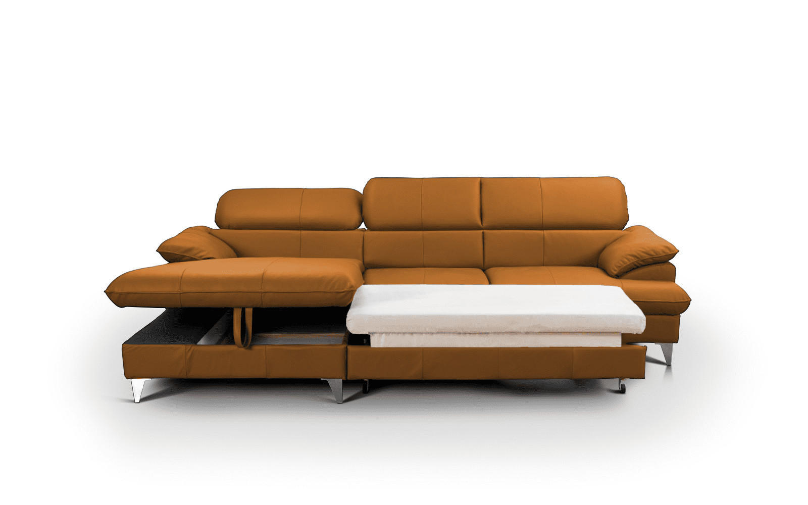 ECKSOFA mit Schlaffunktion und Bettkasten, Echtleder - Chromfarben/Orange, Leder/Holz (254/167cm) - Cotta