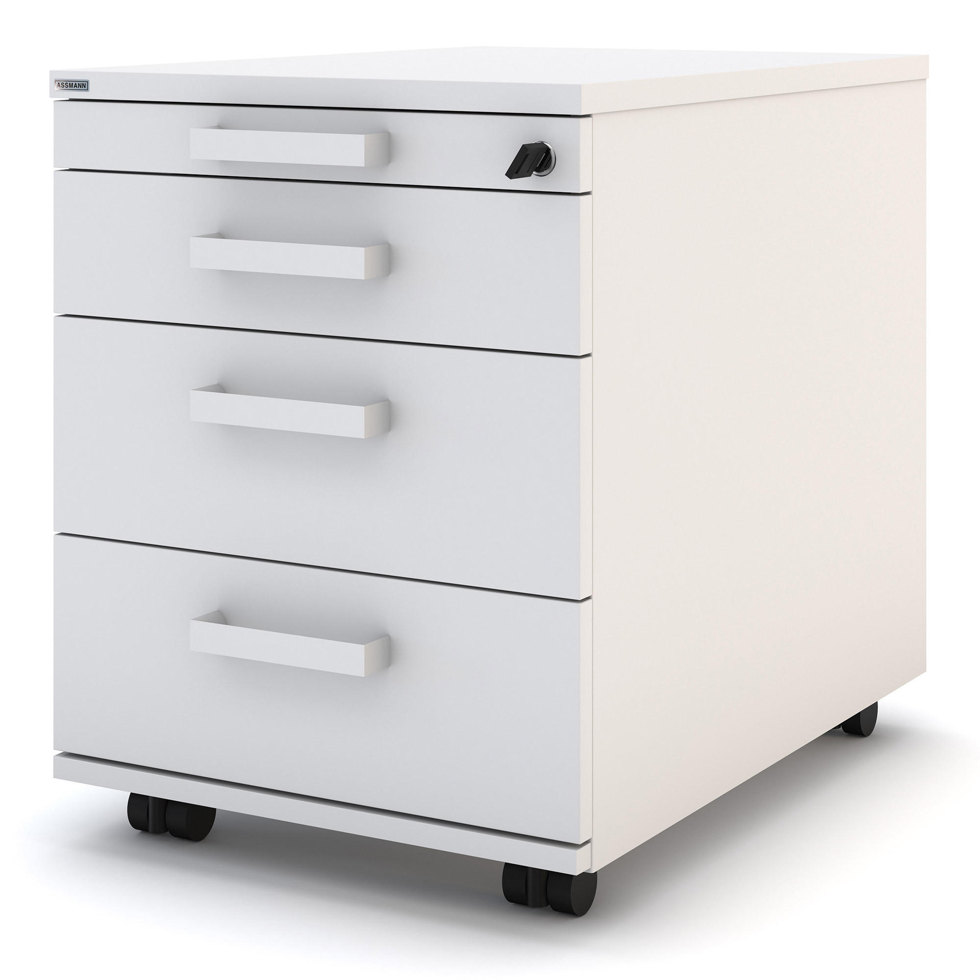 ROLLCONTAINER Pontis mit 4 Schubladen abschließbar mit Griffen und Zentralverschluss Weiß - Weiß, Holz (41.5/53.3/58.4cm) - ASSMANN