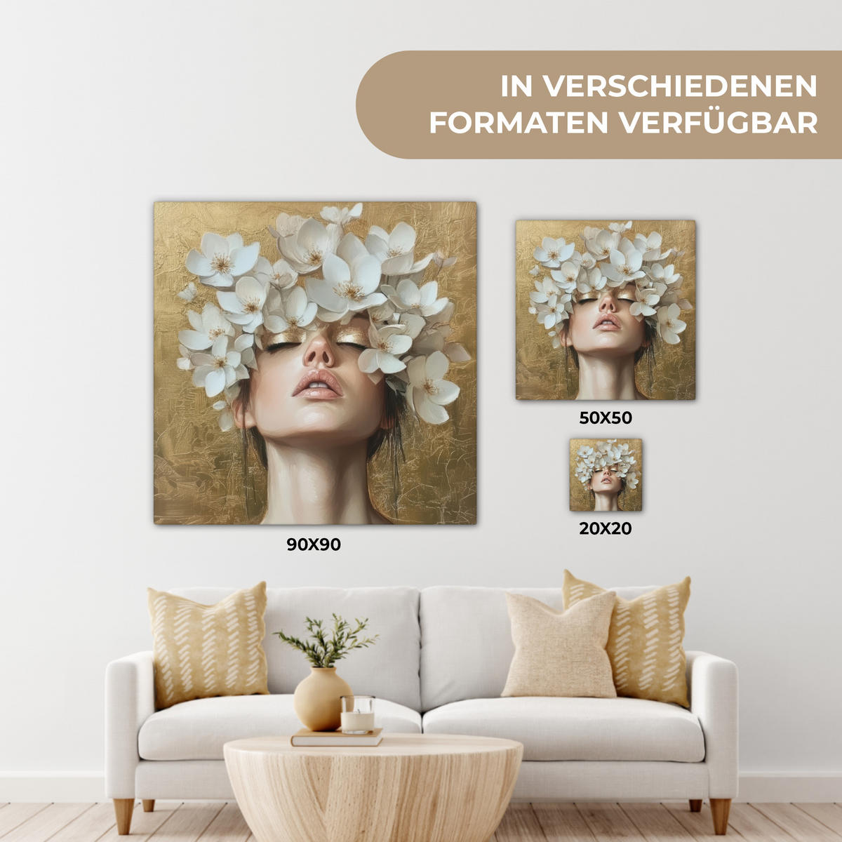 LEINWANDBILD Gesicht - Blumen - Gold - Abstrakt Deko Groß 90x90 cm - Goldfarben, Textil (90/90cm) - MuchoWow
