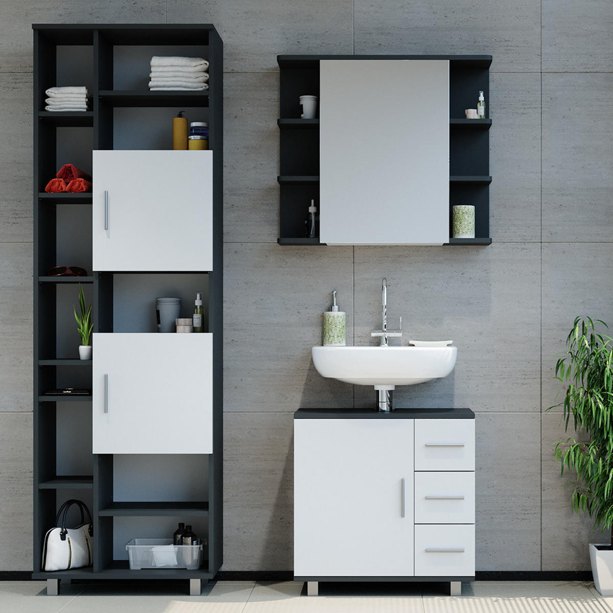 BADMÖBEL-SET Ilias Anthrazit 3 Teile, mit Unterschrank 60 cm - Anthrazit/Weiß, Holzwerkstoff (60/60.8/33cm) - Vicco