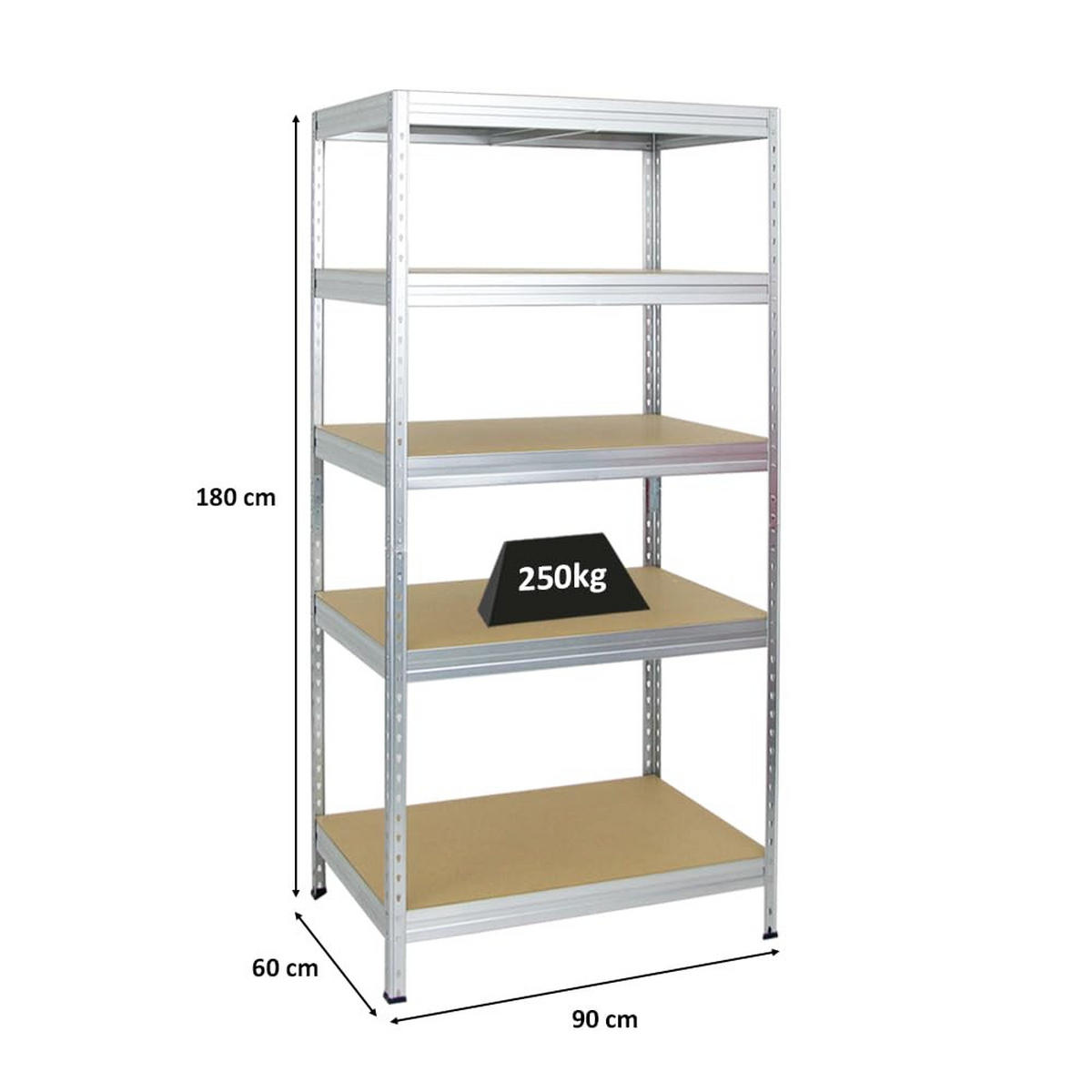 SCHWERLASTREGAL Rivet 180x90x60 cm Fachlast 250 kg Innovatives Stecksystem Verzinkt - Silberfarben, Metall (90/180/60cm) - PROREGAL