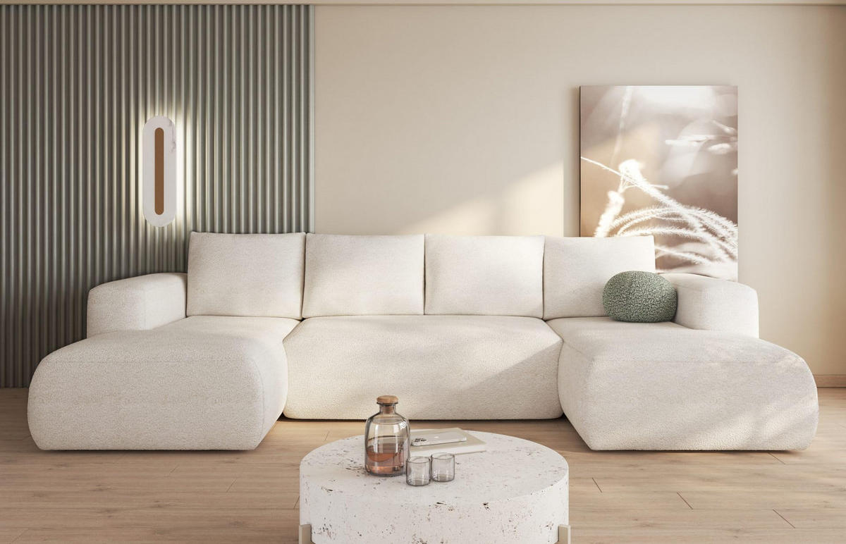 ECKSOFA LAMBI U, Wohnlandschaft U Form mit +3 Sitzen, Dunkel Creme - Lambi 08 - Ecru, Textil (340/89/114cm) - Moderno Meble