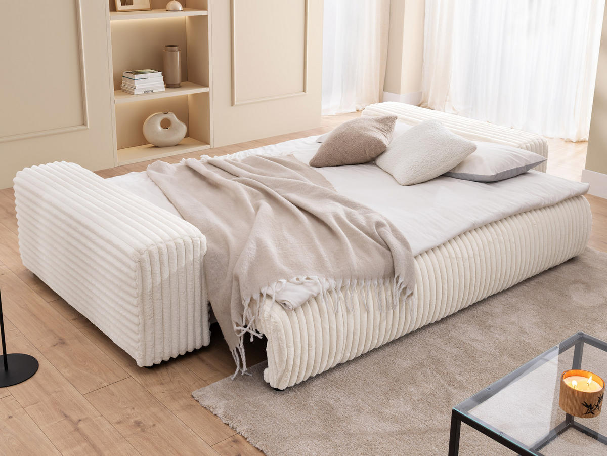 BIGSOFA Mollis Hellbeige Plüschcord mit Schlaffunktion - Beige/Schwarz, Holz/Kunststoff (260/77/124cm) - S-Style Möbel