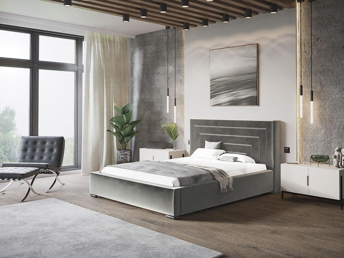 POLSTERBETT Nizza mit Kopfteil, 160x200 cm, Doppelbett mit Bettkasten und Lattenrost aus Holz, Velourstoff Grau - Grau, Holz/Textil (160/200cm) - Alpi-Möbel