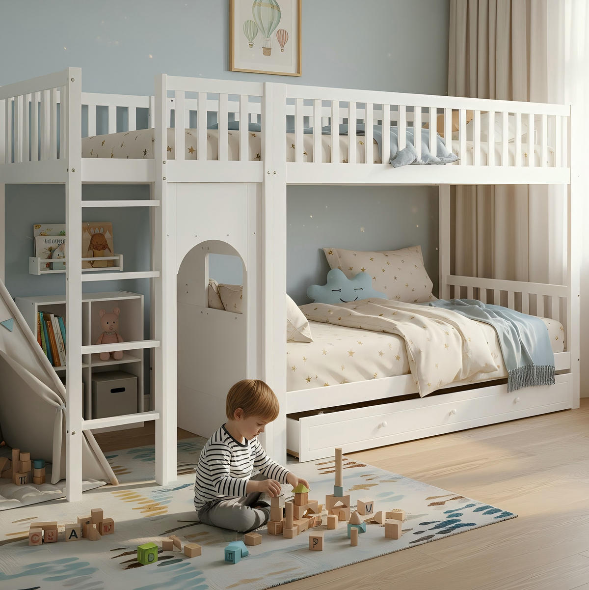 PATROVÁ postel 90/200 cm bílá a přírodní z masivního dřeva a MDF s rovnými schody a zábranami - bílá, dřevo (90/200cm) - OKWISH