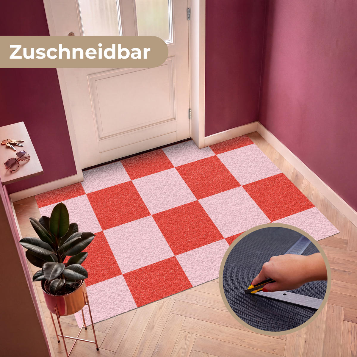 FUSSMATTE Schachbrettmuster - Rot - Rosa - Würfel Türmatte 180x120 cm - Rot, Kunststoff (180/120cm) - MuchoWow