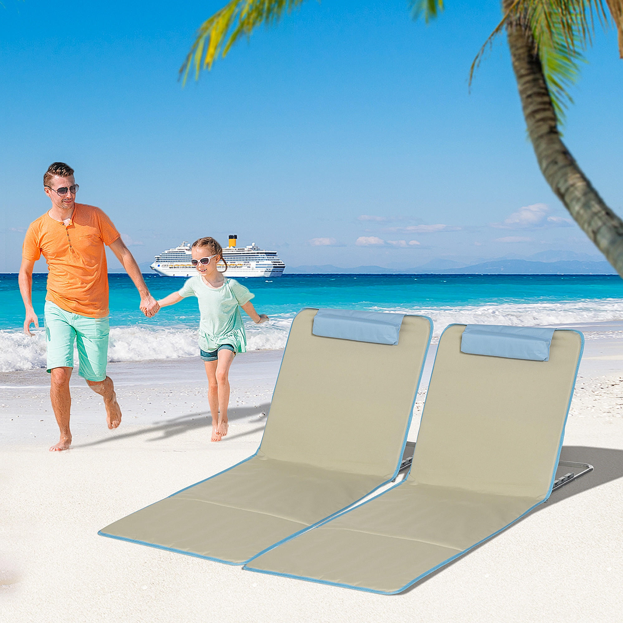 STRANDMATTE, 2er Set Faltbare Strandliege mit Kopfkissen, Tragetasche, Beige - Beige, Metall (53/35/124cm) - Outsunny