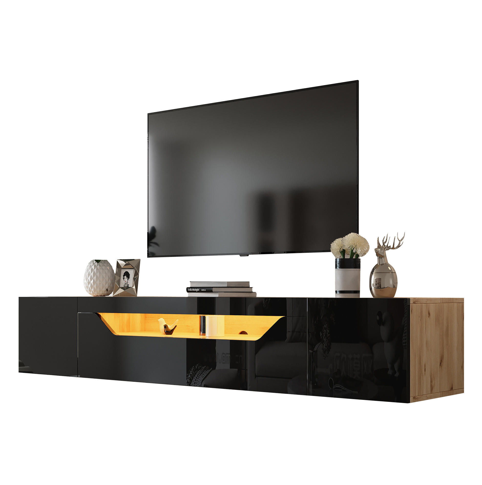 TV-ELEMENT wandmontiert 180 x 37 x 36 cm Schwarz/Natur mit LED - Schwarz, Holzwerkstoff (37/36/180cm) - Beauniv
