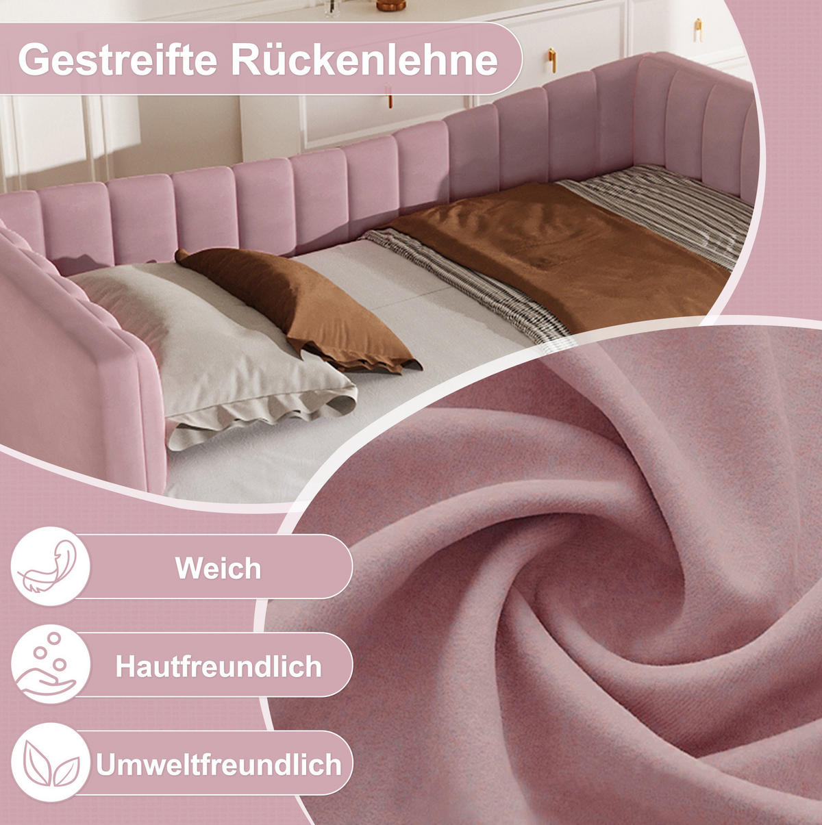 POLSTERBETT 90/200 cm Rosa aus Samt mit Ziehbett - Rosa, Textil (180/200cm) - OKMYHOME