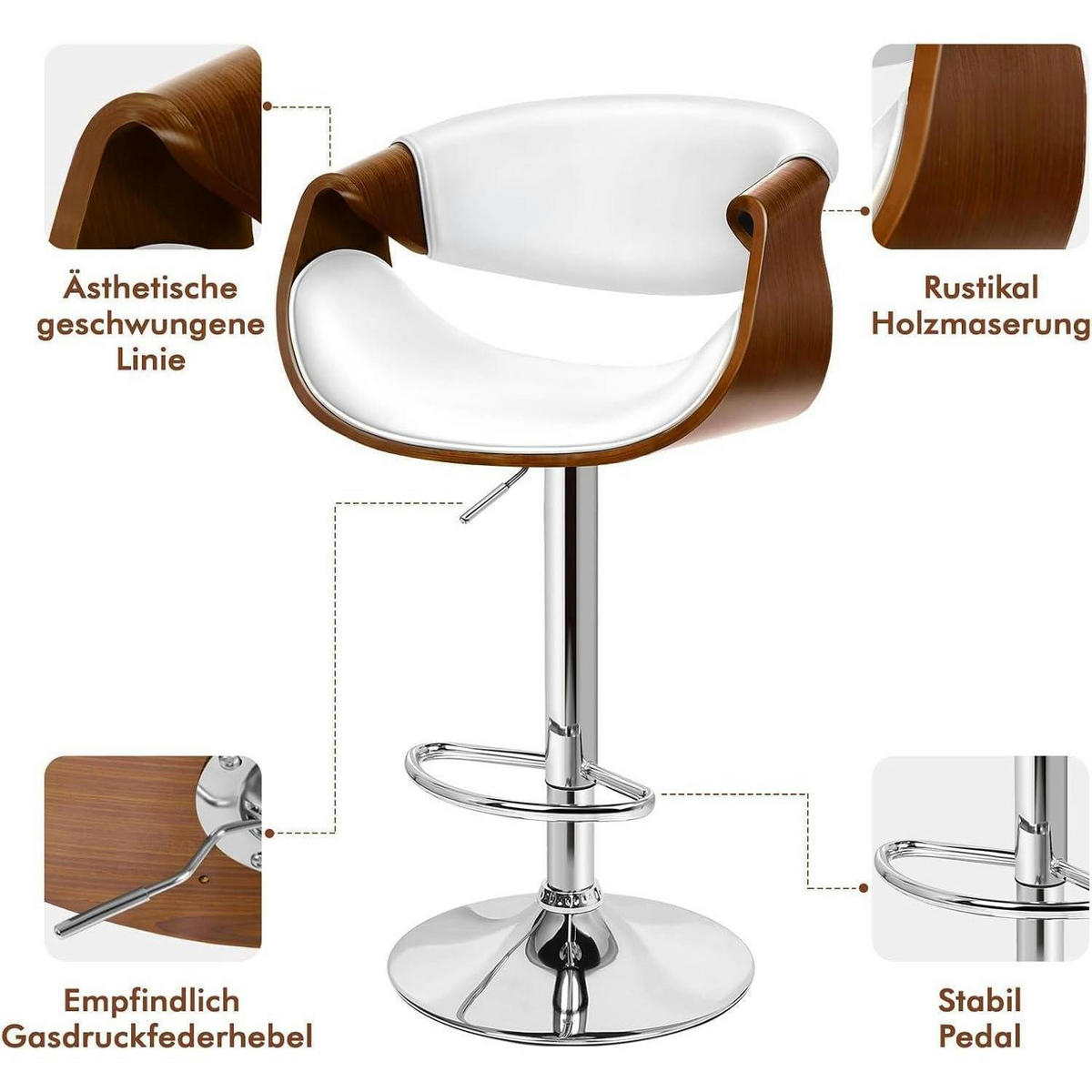 BARHOCKER mit Holzrückenlehne Weiß Höhenverstellbar 360° drehbar - Weiß, Kunststoff (40/110/40cm)