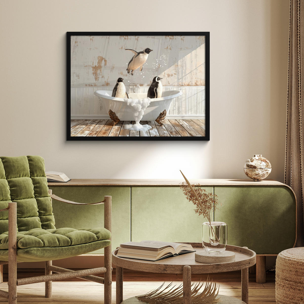 ZARÁMOVANÝ PLAGÁT Vintage - Tučniak - Vaňa - Pena 80x60 cm - čierna, papier (80/60cm) - MuchoWow