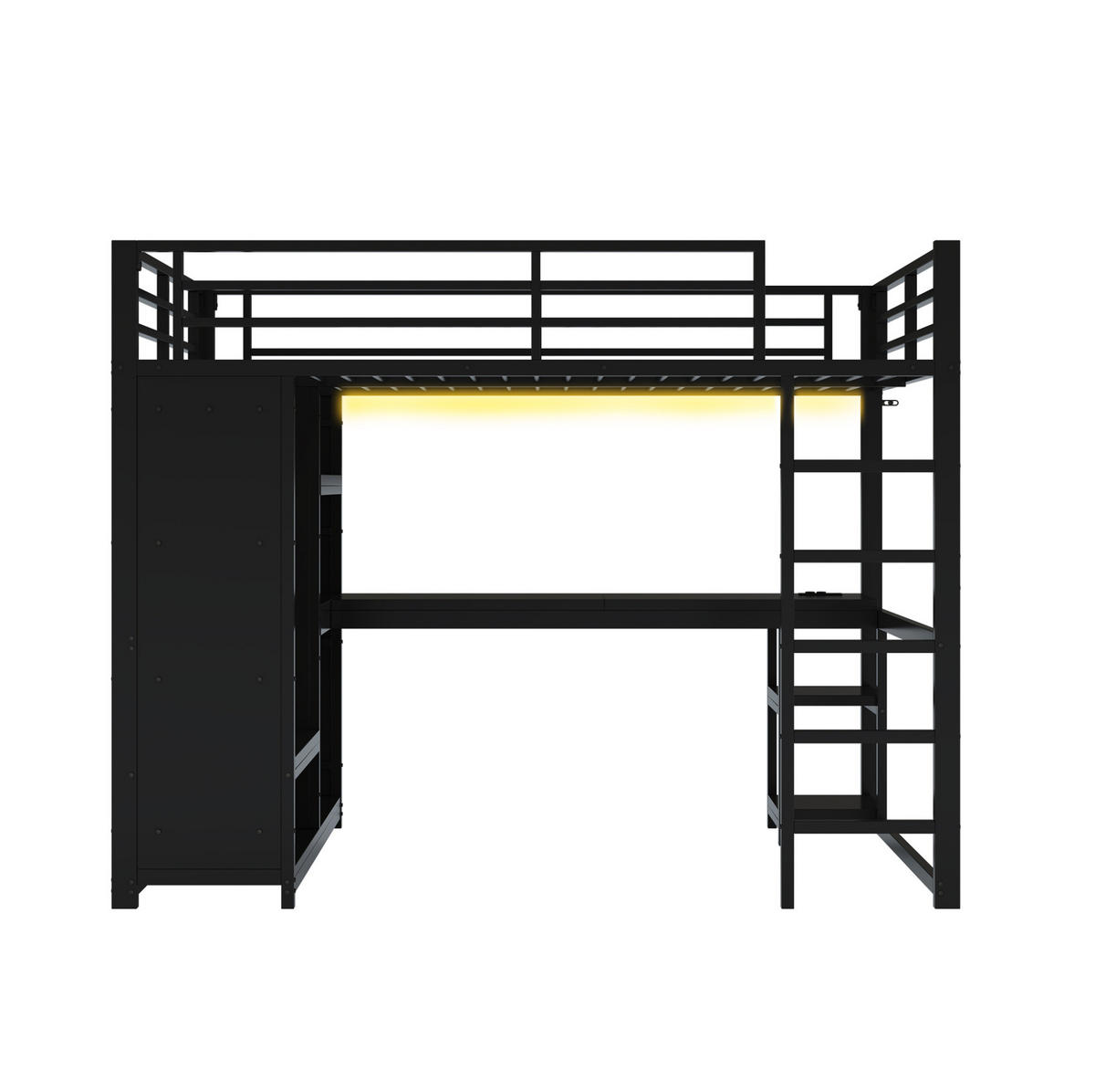 HOCHBETT aus Metall und MDF 140x200 cm Schwarz mit Schreibtisch, LED-Beleuchtung und offenem Kleiderschrank - Schwarz, Metall (140/200cm) - IVMEU