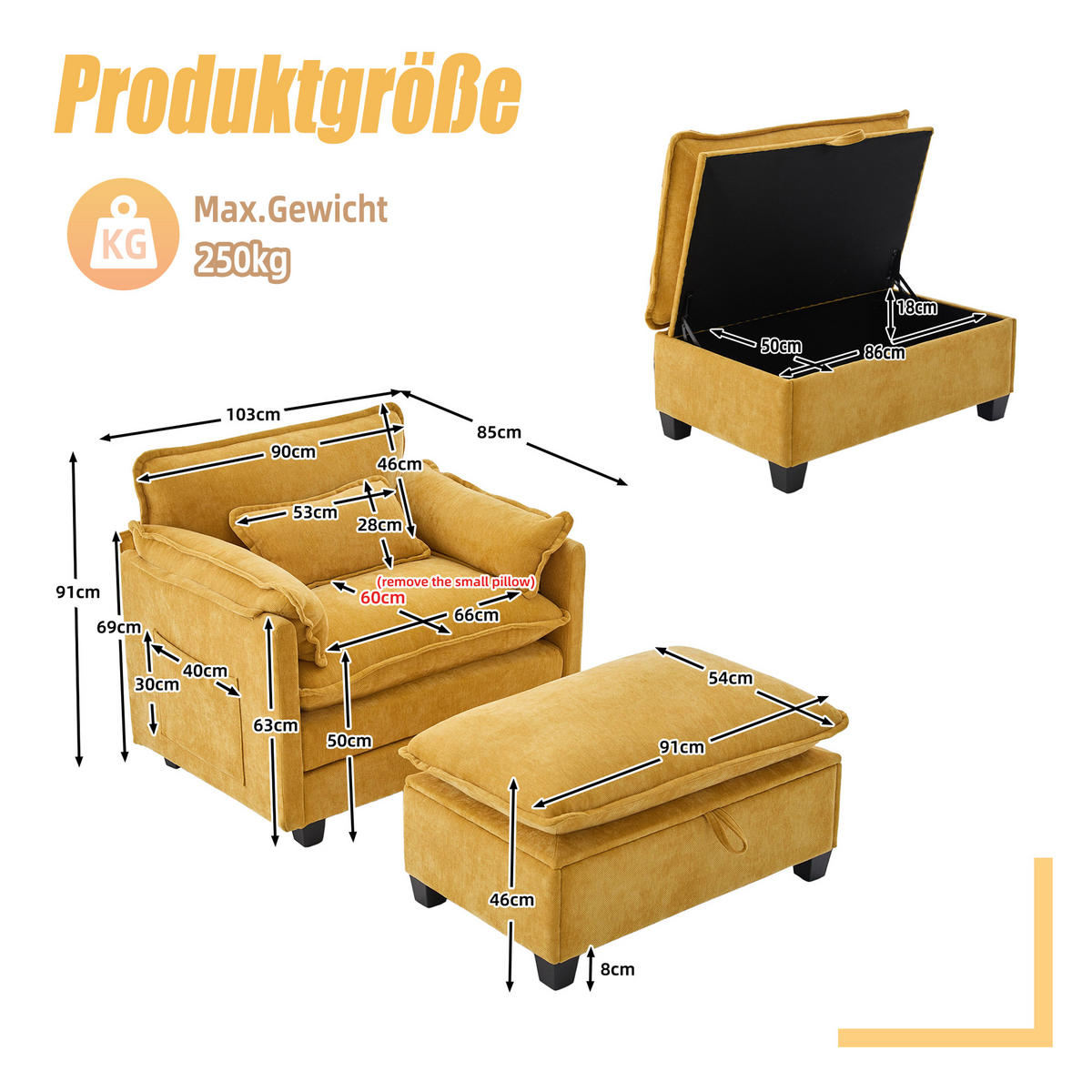 LOUNGESESSEL mit Hocker und Stauraum in Samt, 103 / 85 / 91 cm - Gelb, Textil (85/91/103cm) - PARAFTA HOME