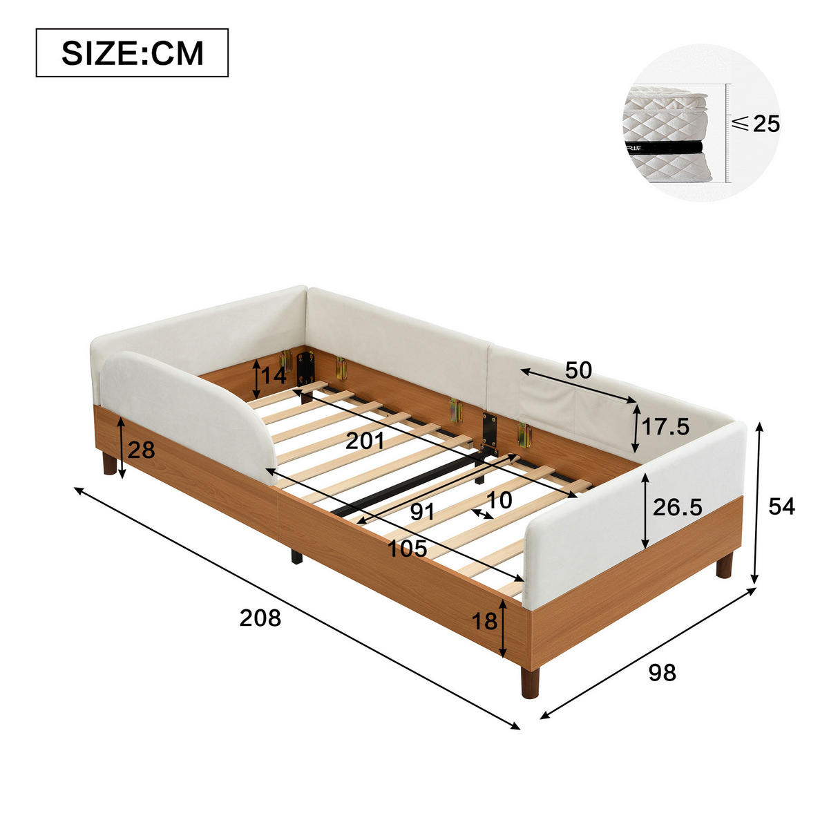 POLSTERBETT 90/200 cm Weiß/Natur aus Samt mit 2 Stautaschen - Naturfarben, Textil (90/200cm) - OKMYHOME
