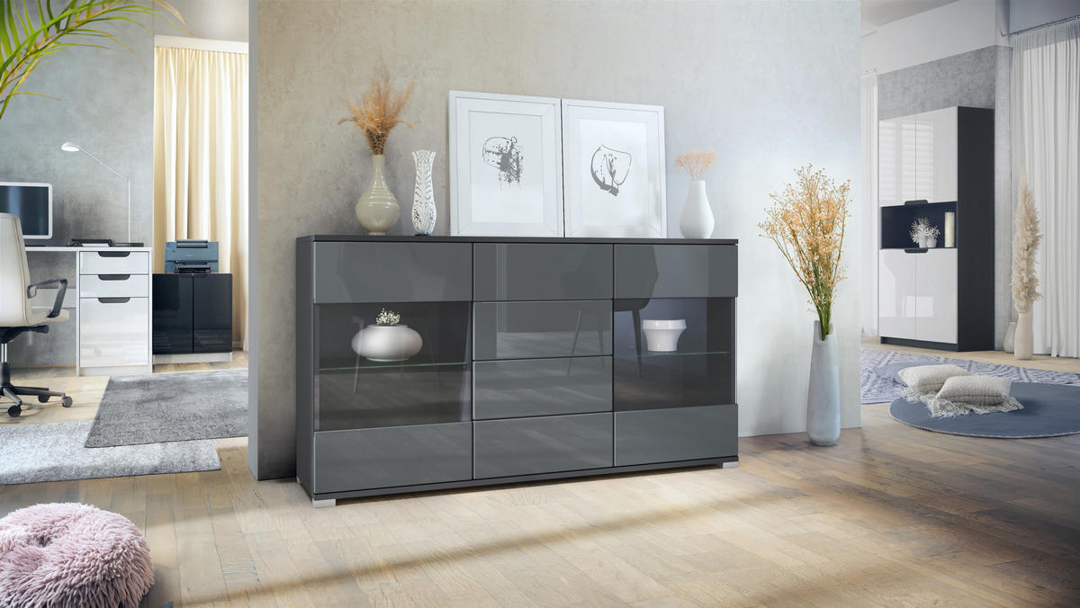 SIDEBOARD Bari Grau Hochglanz - Grau, Holzwerkstoff (138.5/75.5/35cm) - Vladon