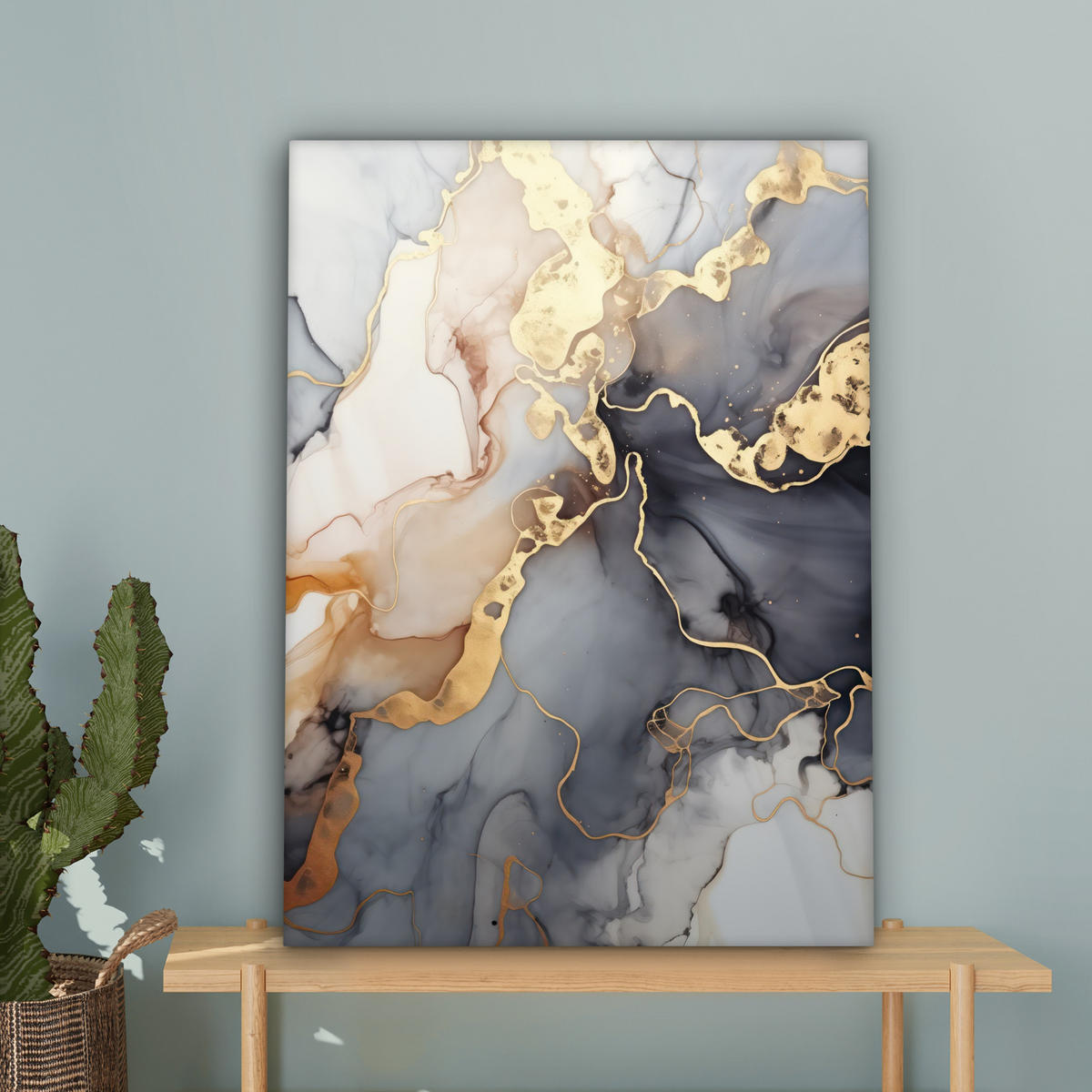 LEINWANDBILD Marmor - Schwarz - Gold - Weiß Wandbild Wohnzimmer 60x80 cm - Dunkelgrau, Textil (60/80cm) - MuchoWow