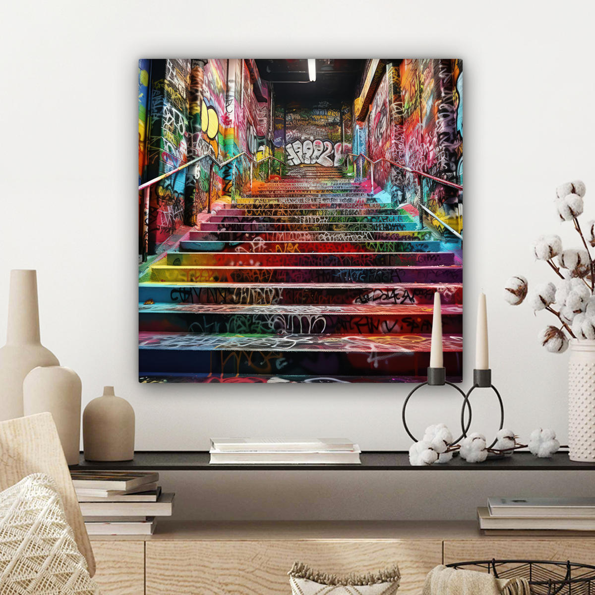 LEINWANDBILD Treppe - Graffiti - Farben - Kunst 50x50 cm - Multicolor, Textil (50/50cm) - MuchoWow