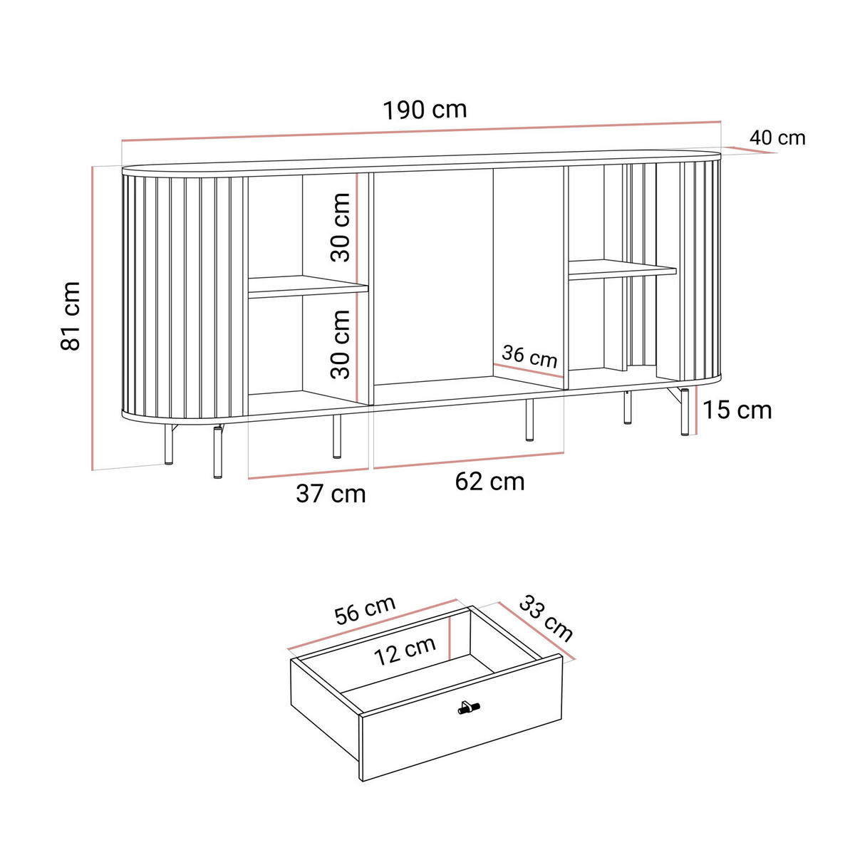 KOMMODE ELODIE 190 2T3S Schwarz - Schwarz, Holzwerkstoff (190/81/40cm) - Lookway