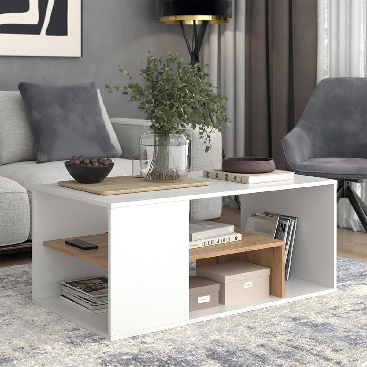 COUCHTISCH Edgar Weiß/Goldkraft Eiche 110 x 59 cm - Honigeiche/Weiß, Holzwerkstoff (59/110/47cm) - Vicco