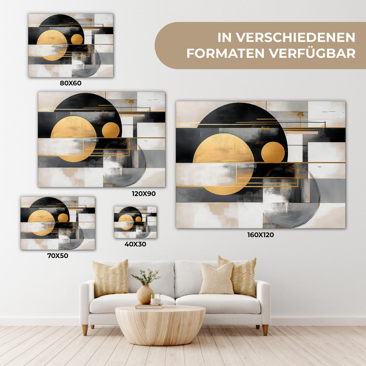 LEINWANDBILD Abstrakt - Gold - Silber - Formen - Ästhetisch - Modern Wandbilder 80x60 cm - Goldfarben, Textil (80/60cm) - MuchoWow